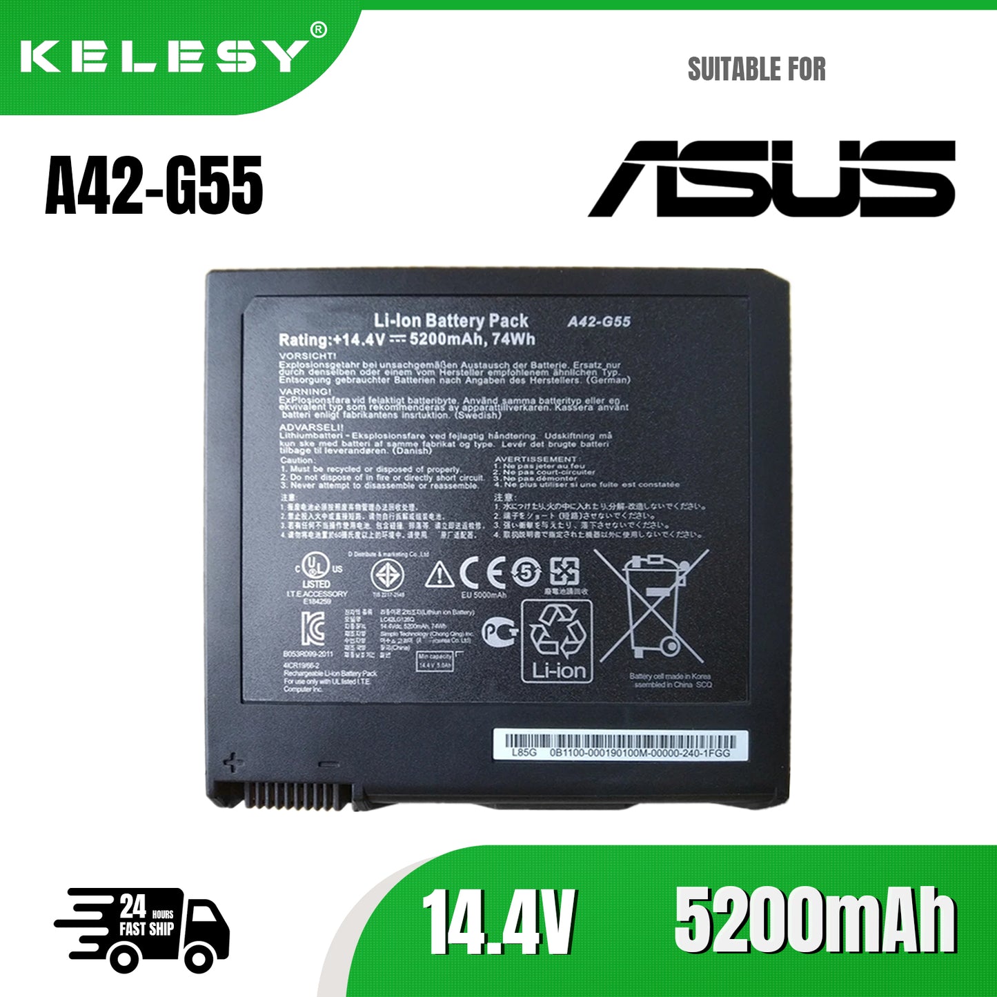KELESY Batería de A42-G55 14,4 V 74Wh para Asus G55V G55VM G55VW G55VW-S1129V G55VW-ES71 G55VM-DH71