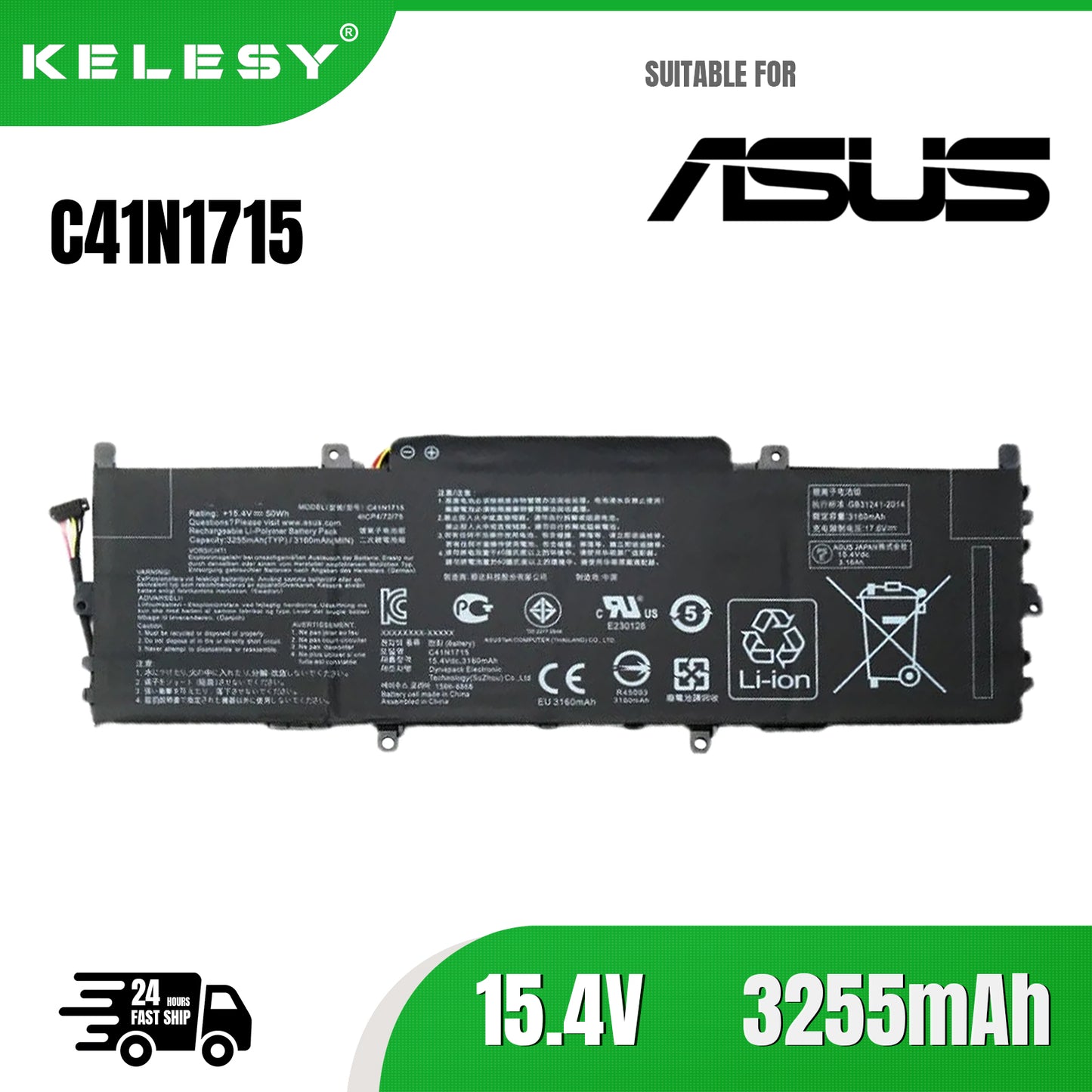 KELESY 15.4V 50WH C41N1715 Laptop Battery For Asus ZenBook 13 UX331FN-EG034T UX331UN UX331UA-EG170T U3100FN 0B200-02760000