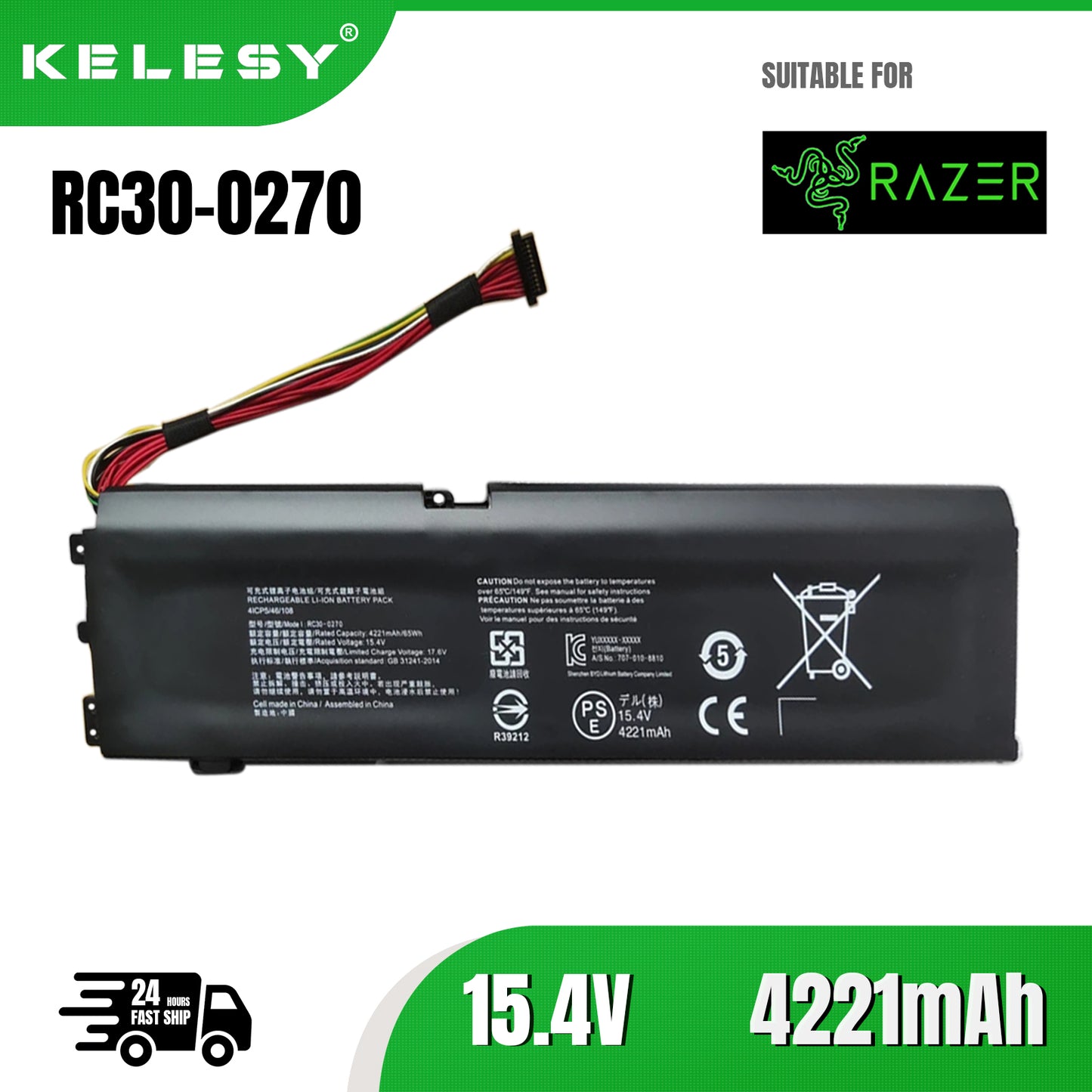 KELESY Batería Original para ordenador portátil Razer Blade 15, 15,4 V, 65Wh, RC30-0270 Base, RZ09-02705E76-R3U1