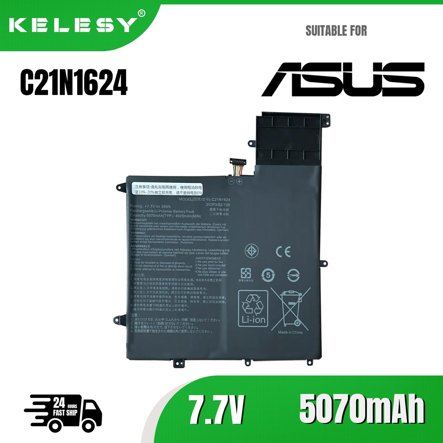 KELESTY Batería de ordenador portátil C21N1624, 7,7 V, 39Wh, 0B200-02420000, para Q325U, Q325UAR, serie UX370UA