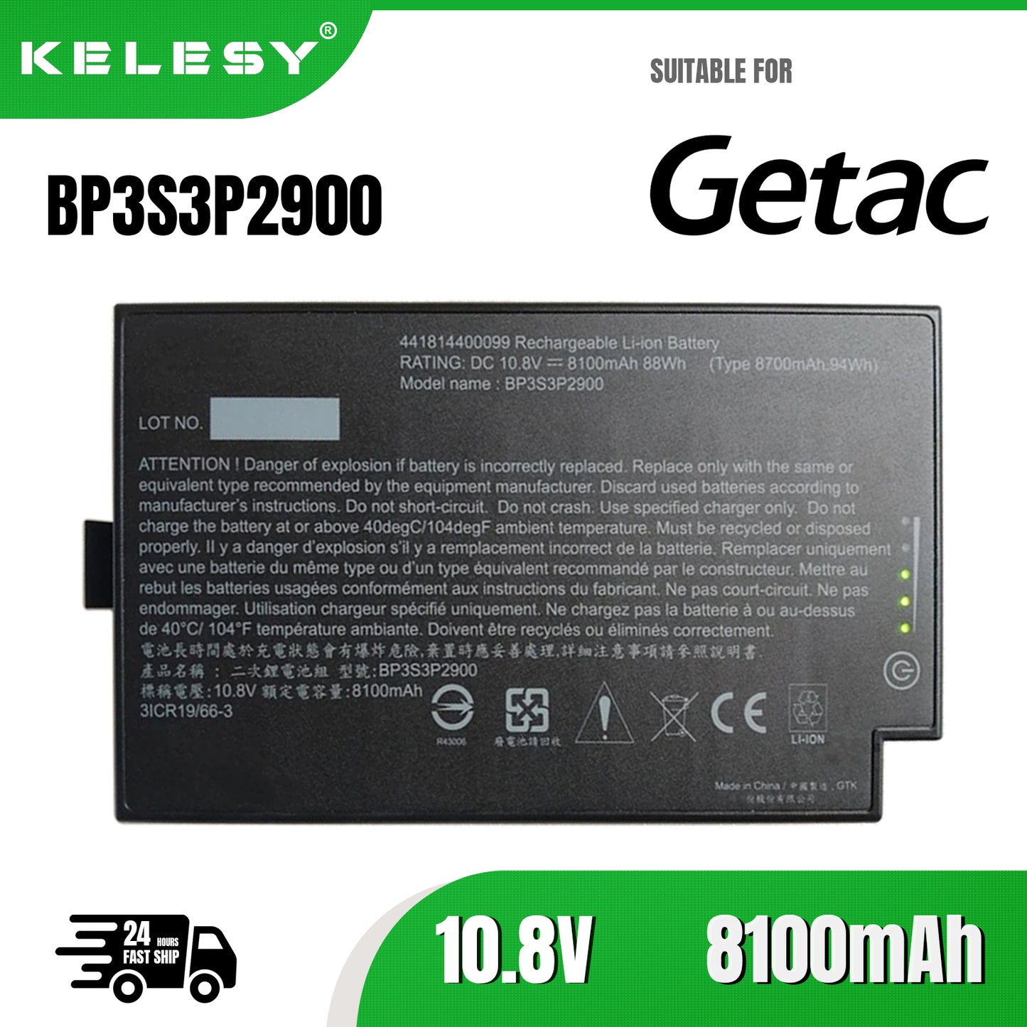KELESY Batería de ordenador portátil BP3S3P2900, Original, 10,8 V, 88Wh, para Getac B300, B300X, serie BP3S3P2900(P)