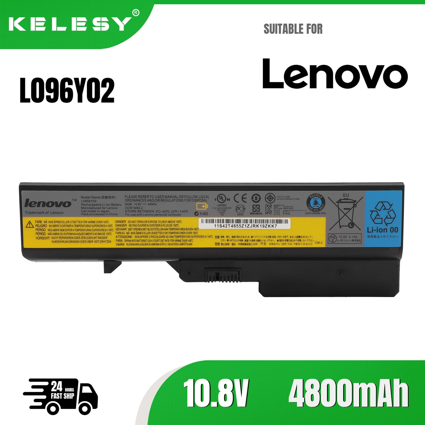 KELESY L09S6Y02 Laptop Battery for Lenovo IdeaPad G460 G470 G570 G560 V360 V370 V470 Z460 Z465 B470 B570 L09L6Y02 4800mAh