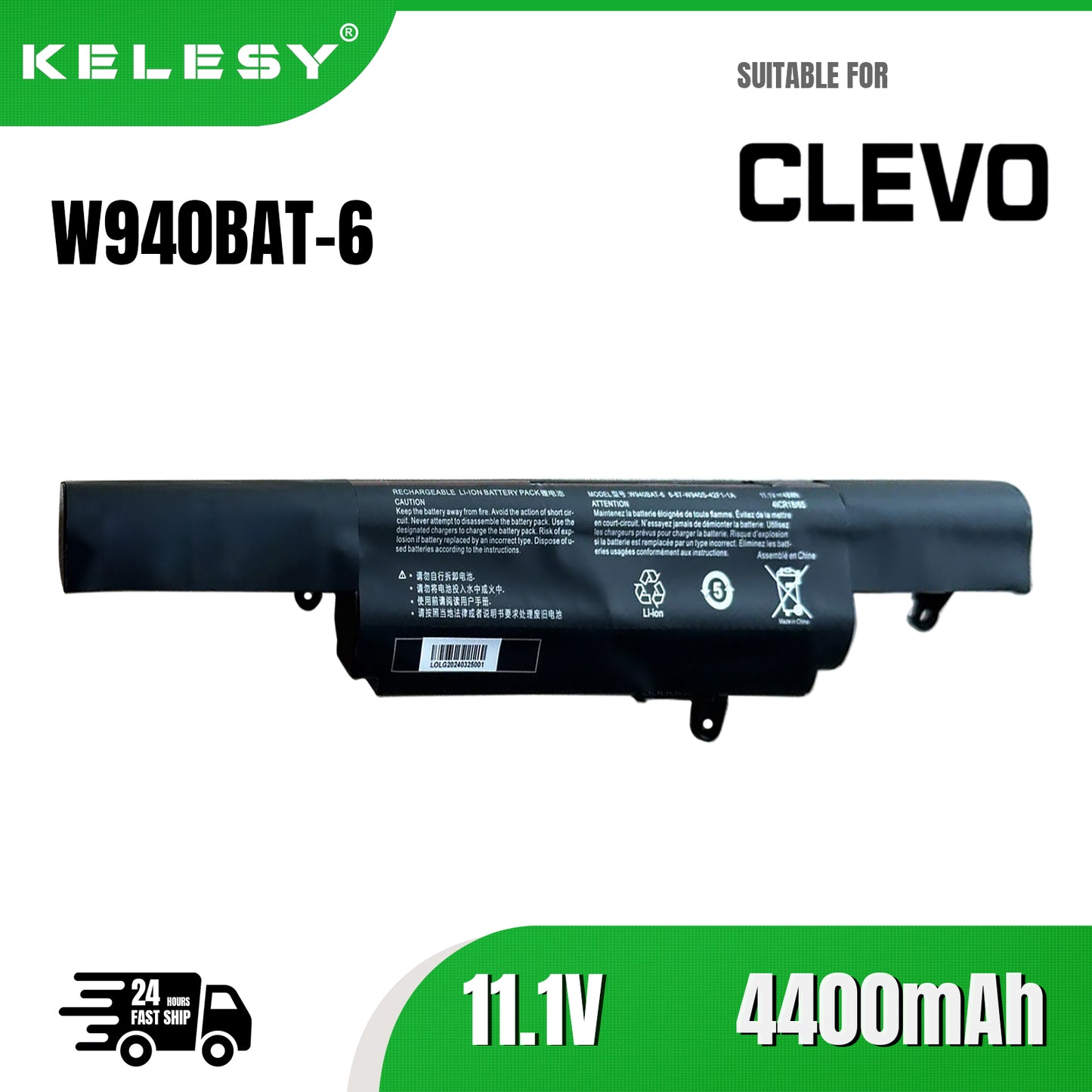 KELESY Batería de ordenador portátil, W940BAT-6 para Clevo W94LS Series 6-87-W940S, 11,1 V, 4400MAH