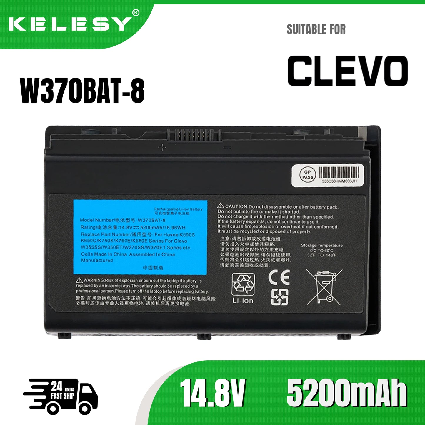 KELESY Batería W370BAT-8 para ordenador portátil, para Clevo W350ET W350ETQ W37ET NP6350 NP6370 A522 A722 6-87-W370S-4271