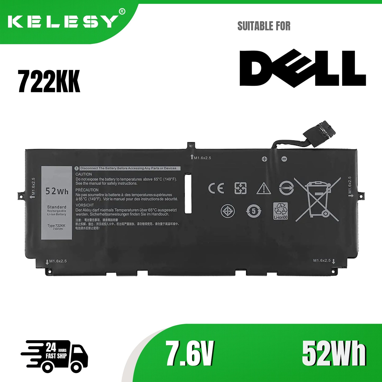 KELESY 722KK Laptop Battery For DELL XPS 13 9300 9310 9380 Series P117G P117G001 P117G002 2XXFW FP86V WN0N0 7.6V 52Wh