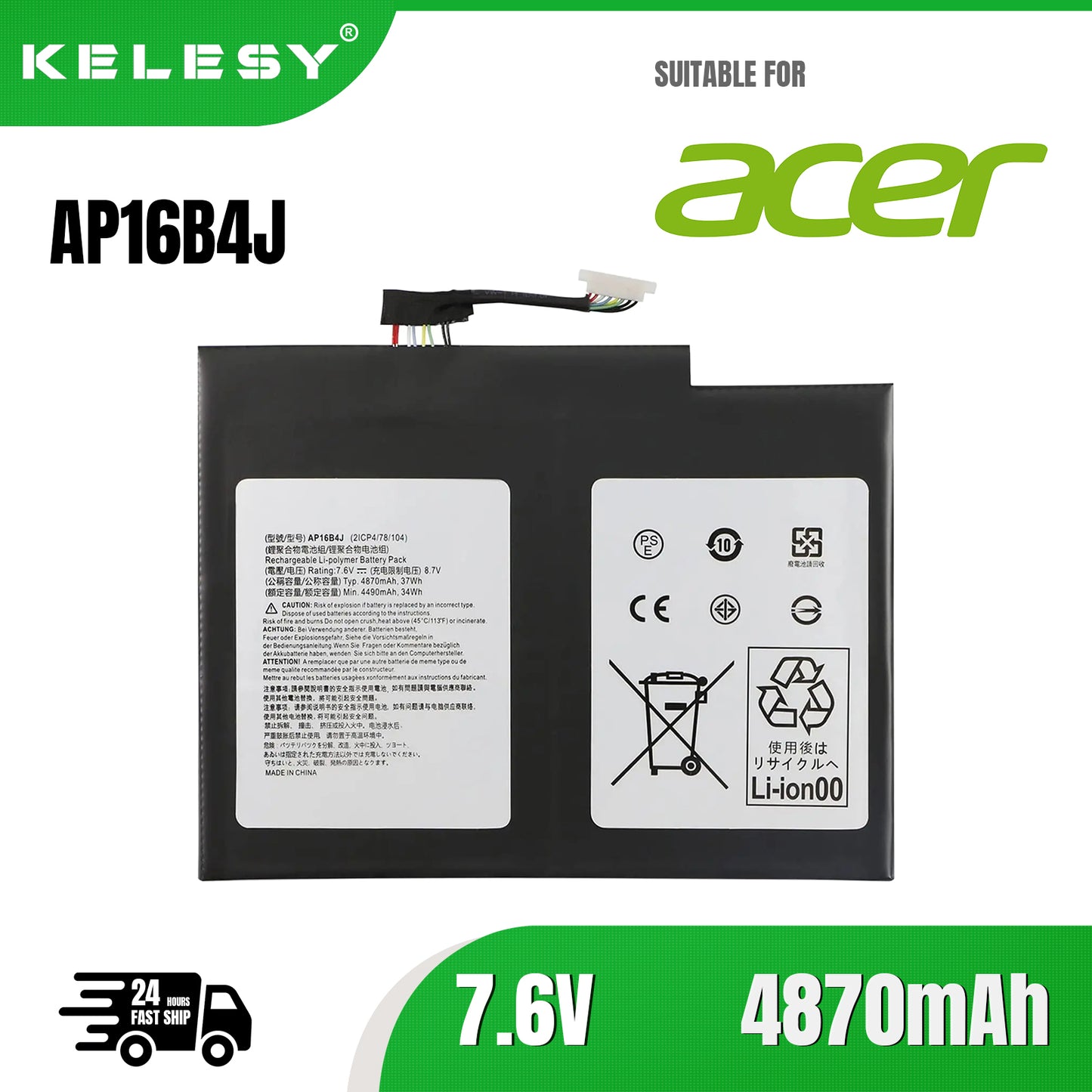 KELESY AP16B4J Laptop Battery For Acer Aspire Switch Alpha 12 SA5-27 Tablet 7.6V 37WH AP16B4J Fast Delivery