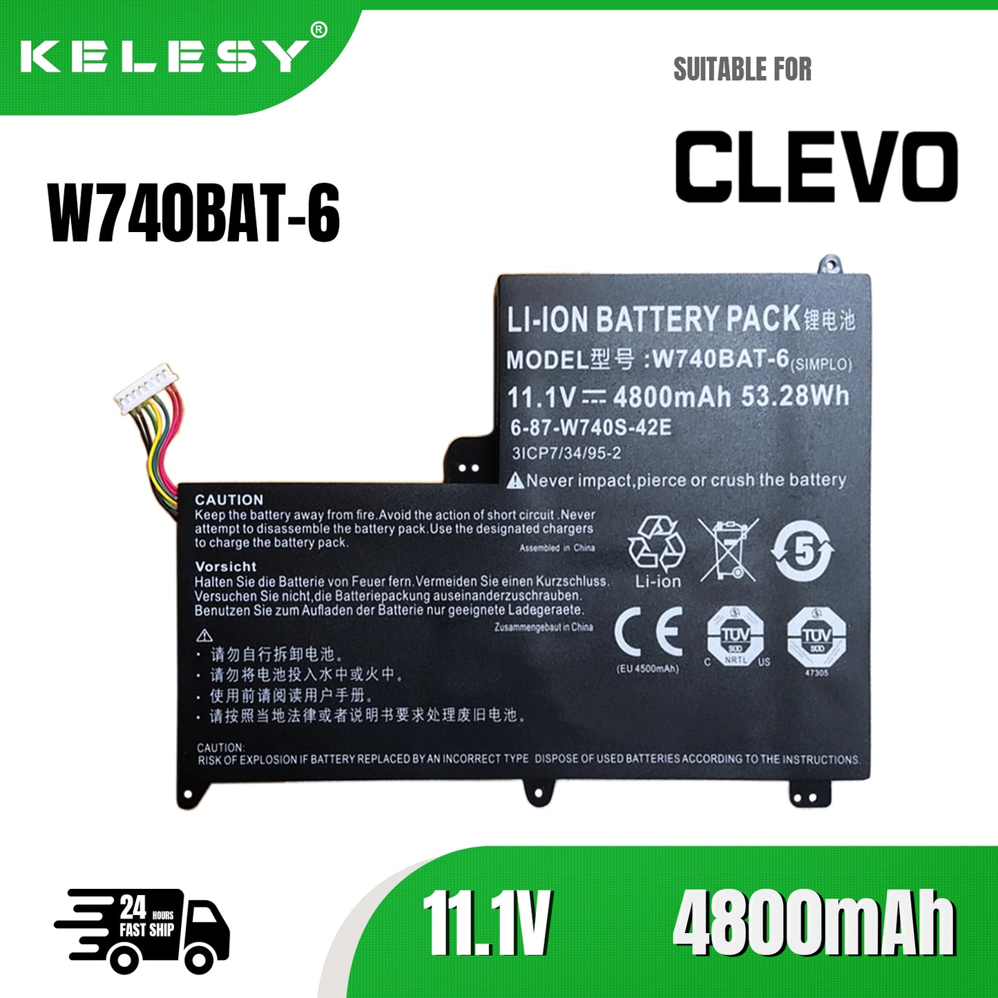 KELESY Batería de ordenador portátil de 11,1 V, 53,28 WH, W740BAT-6, para Clevo, zhenker, W740S, S413, W740SU, 6-87-W740S-42E2