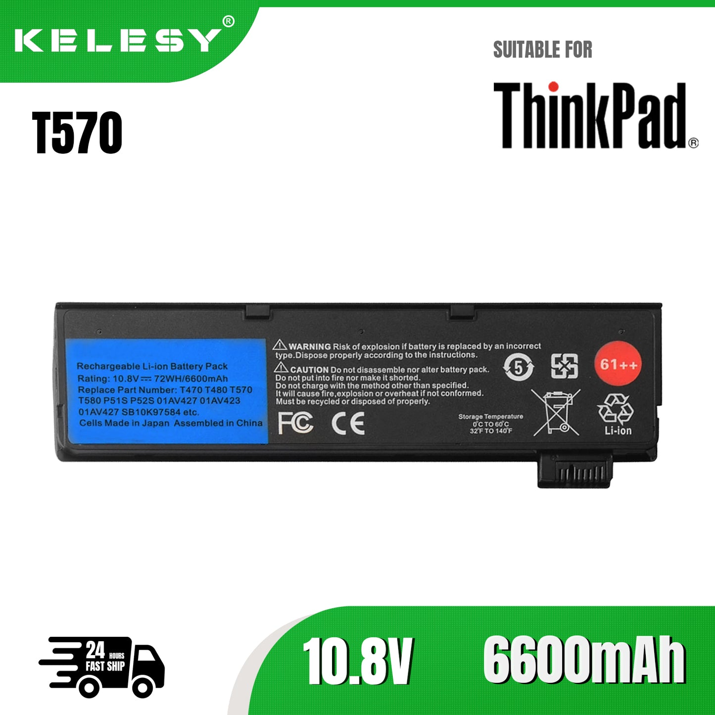 KELESY Batería de 10,8 V para ordenador portátil, Pila de 6600mAh para Lenovo ThinkPad T470, T480, T570, T580, P51S, P52S