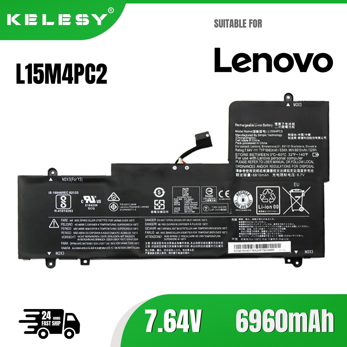 KELESY New L15M4PC2 L15L4PC2 Laptop Battery For Lenovo YOGA 710-14ISK,710-14IKB,710-15ISK,710-15IKB,5B10K90778,5B10K90802