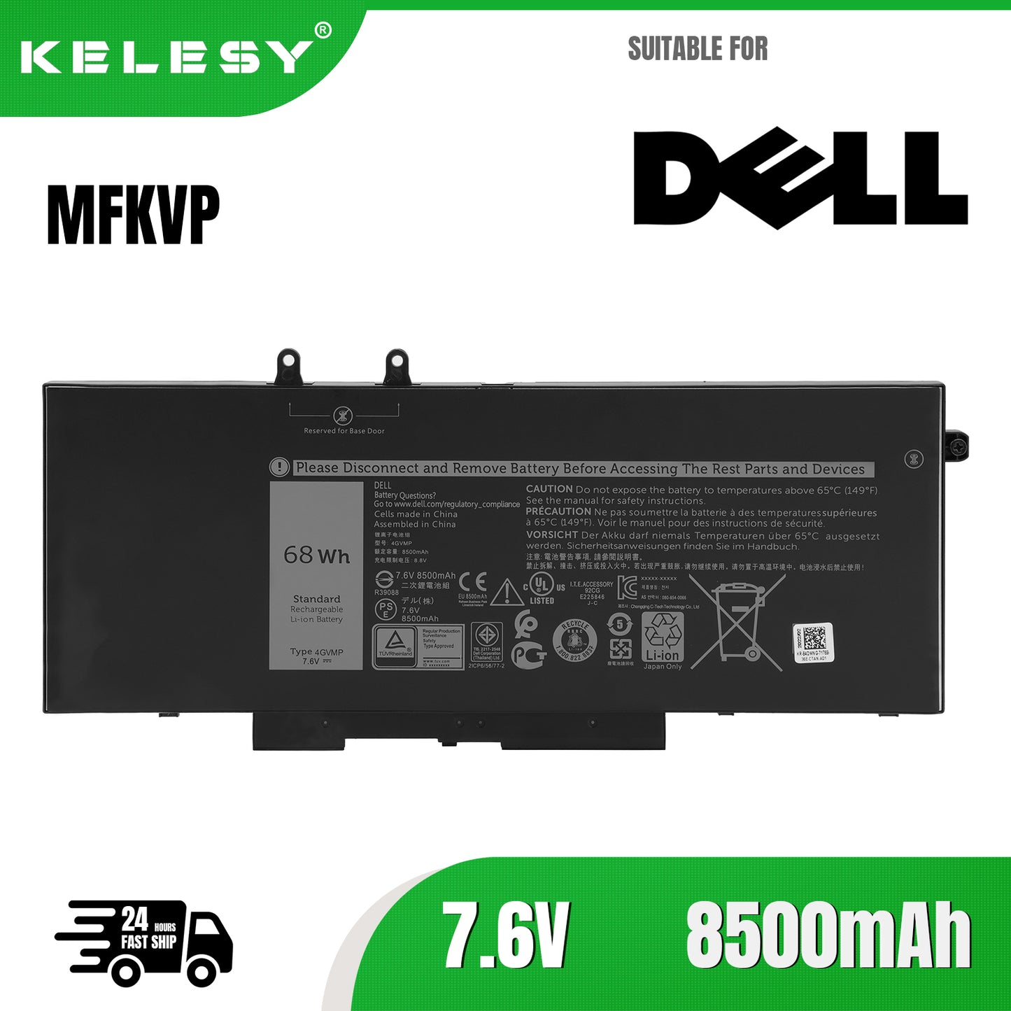 KELESY 4GVMP 7.6V 68Wh Laptop Battery For Dell Latitude 5400 5410 5500 Precision 3540 3550 Inspiron 7590 2-in-1 Series