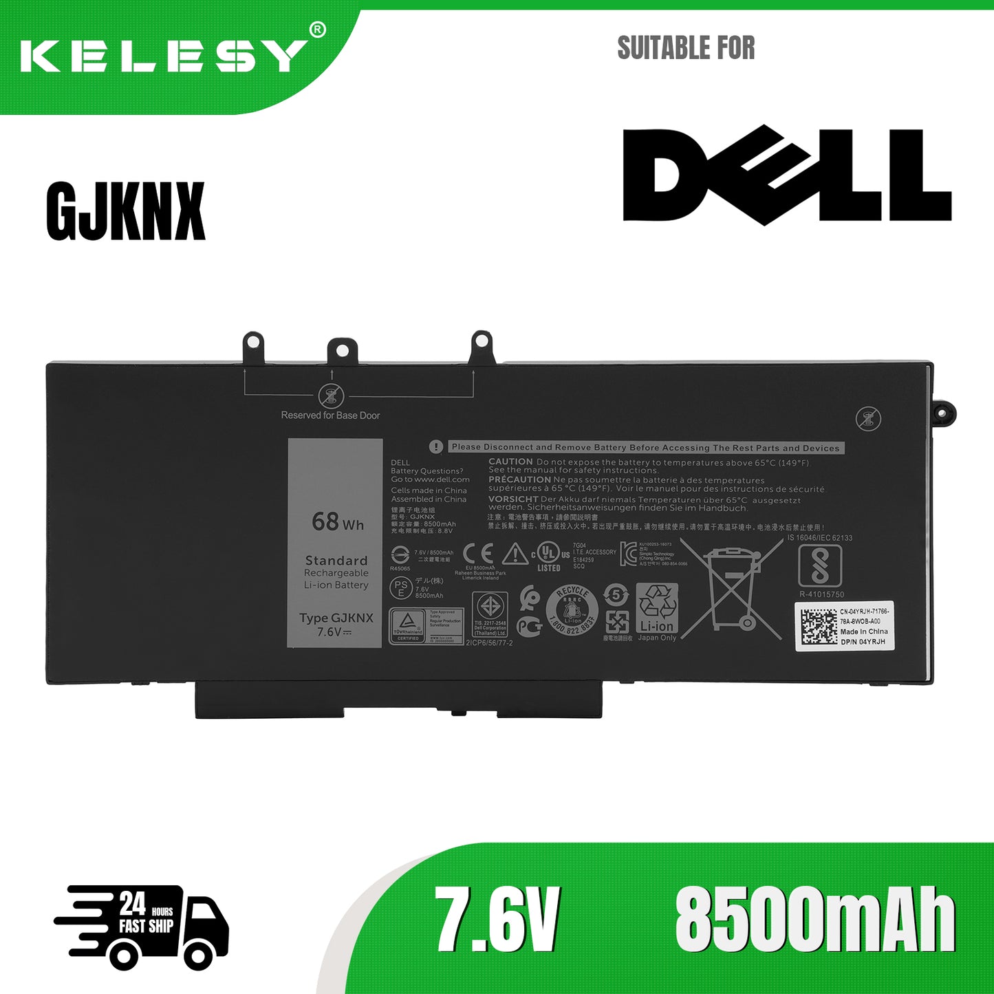 KELESY GJKNX Laptop Battery For DELL Latitude E5480 5580 5490 5590 For DELL Precision M3520 M3530 GD1JP 7.6V 68WH