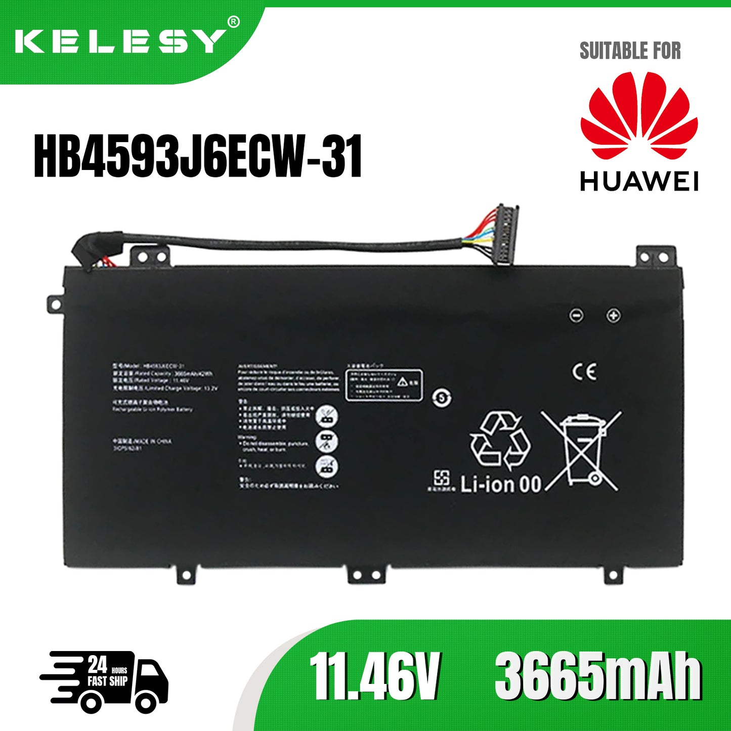 KELESY Batería de ordenador portátil para Huawei Matebook 13, HB4593J6ECW-31, WRTB-WFH9L, WRTB-WFH9F, 11,46 V, 3665mAh, 42WH