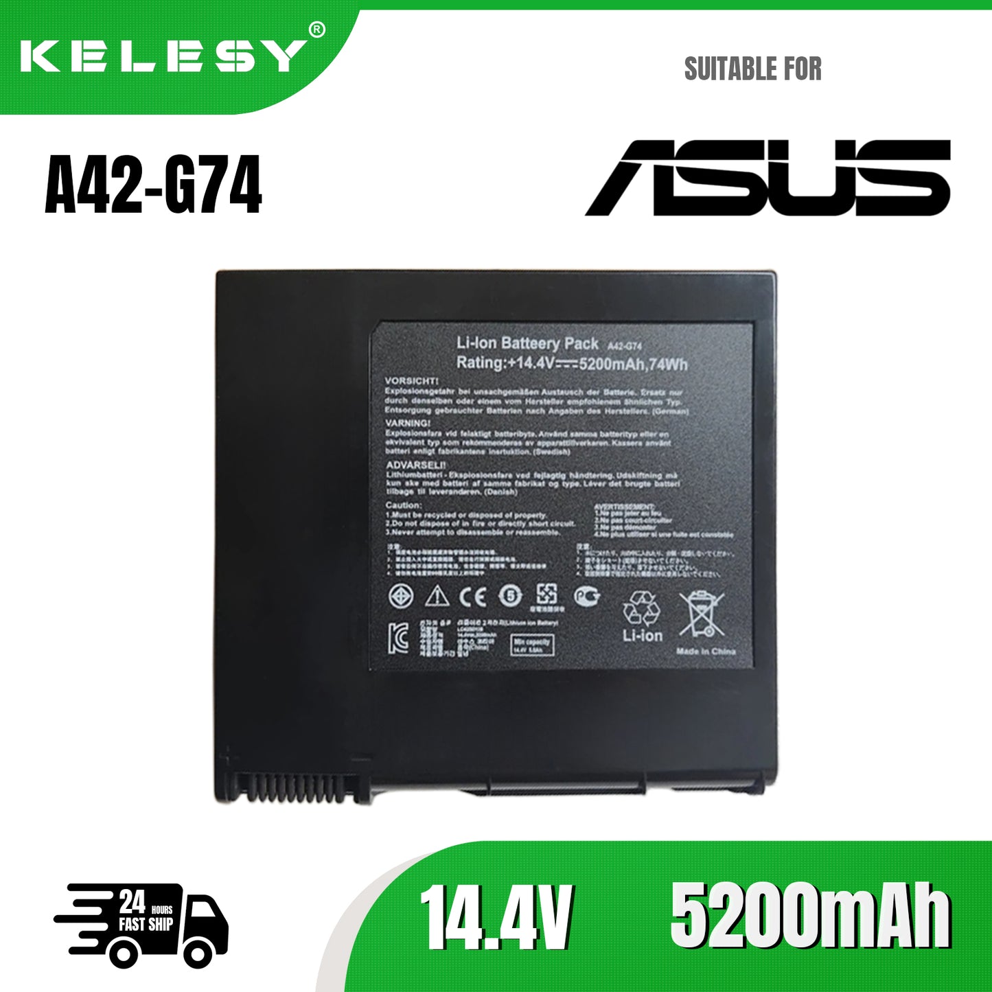 KELESY Batería de 8 celdas para ordenador portátil, 5200mAh, 14,4 V, A42-G74, para Asus G74, G74J, G74JH, G74S, G74SW, G74SX