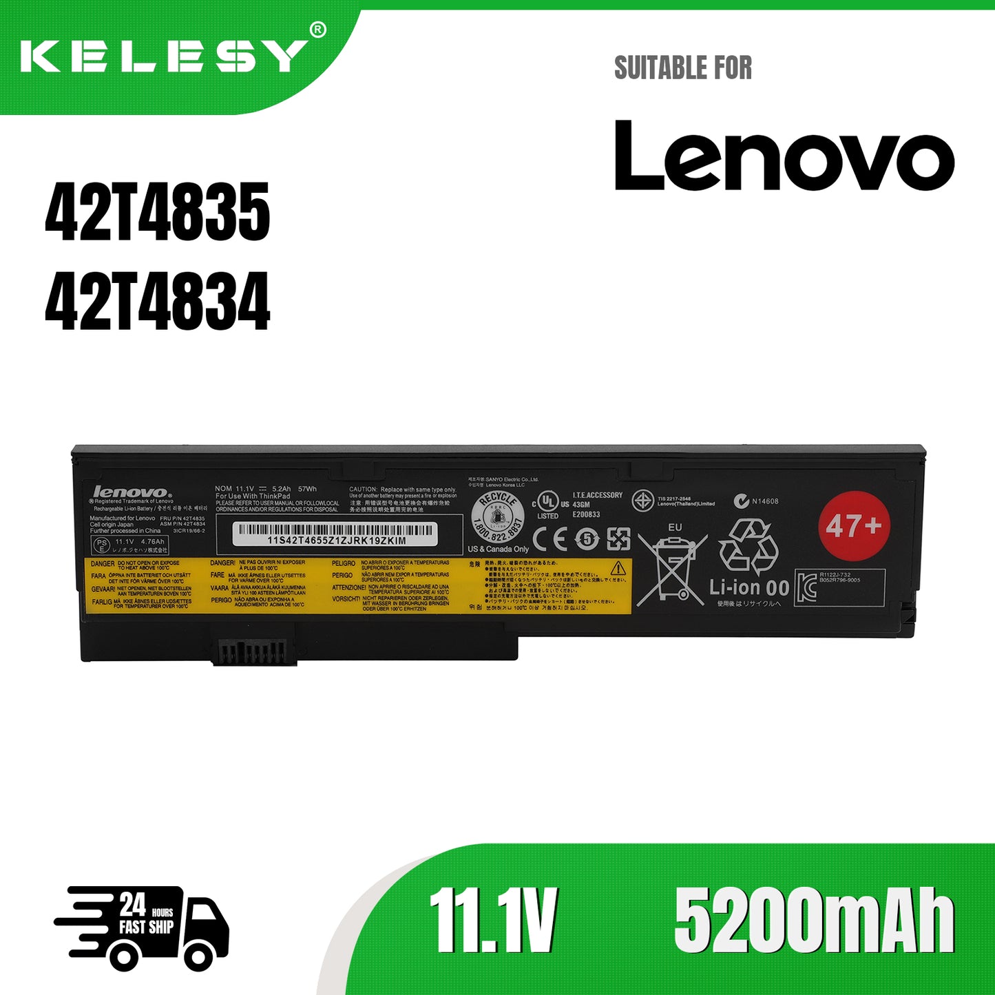 KELESY New 42T4835 42T4834 45N1171 Laptop Battery 11.1V 5.2Ah 57Wh For Lenovo ThinkPad X200 X200S X201 X201S X201