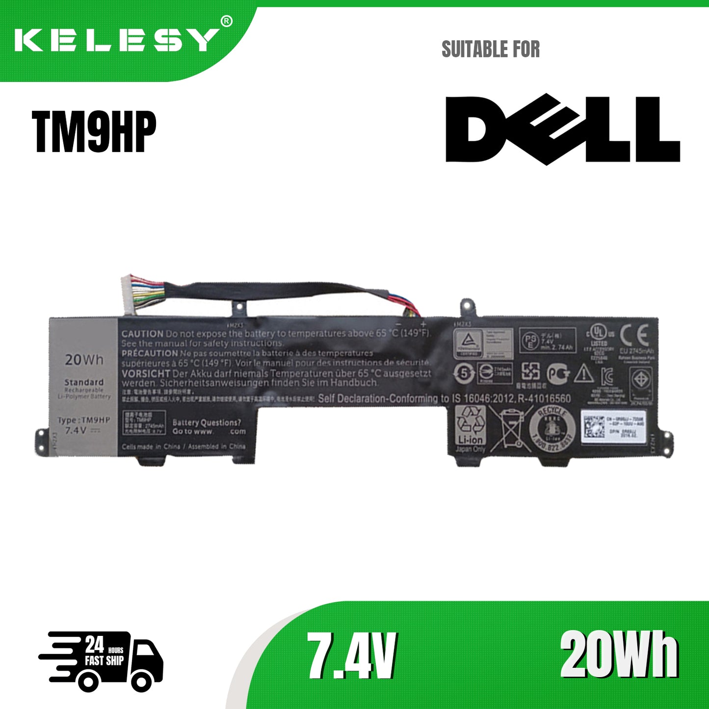 KELESY Laptop Battery TM9HP For DELL Latitude 13 7350 FRVYX 0FRVYX 2ICP4/55/82 0J84W0 7.4V 20WH 2750mAh