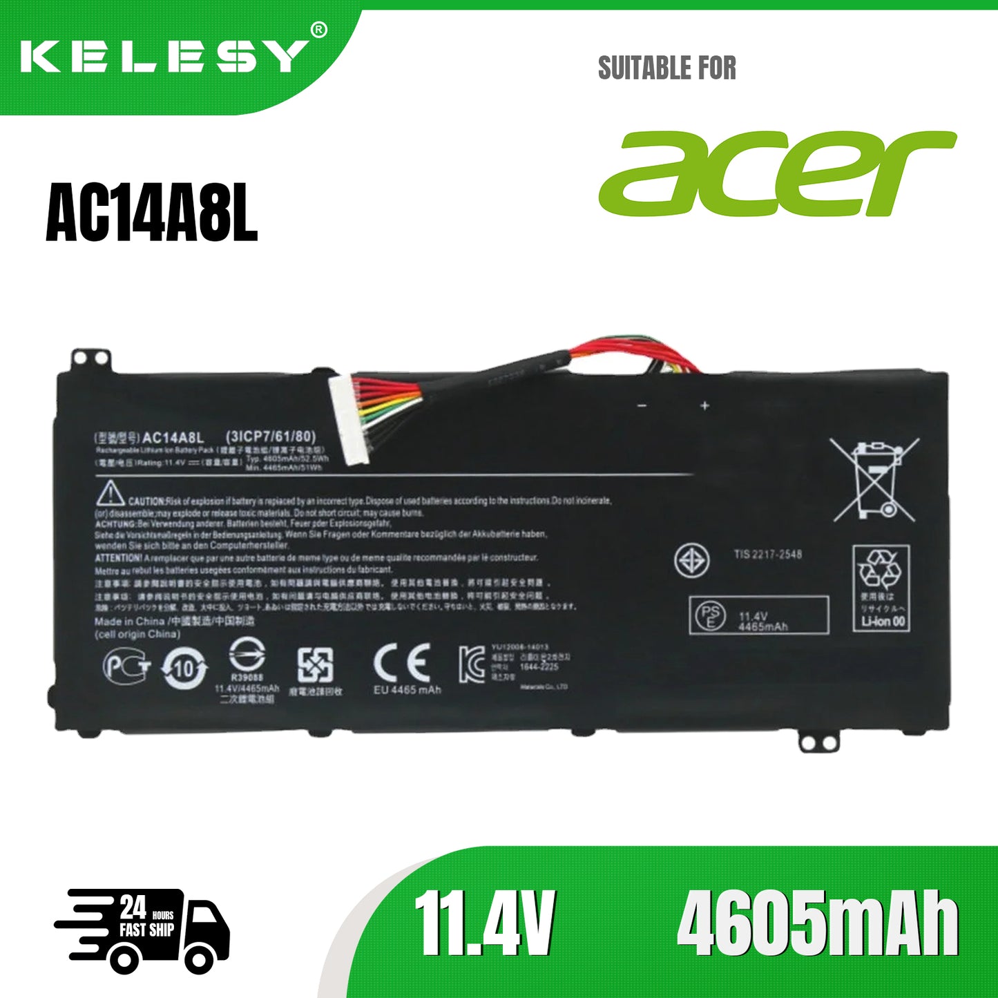 KELESY AC14A8L Laptop Battery For Acer Aspire VN7-571 VN7-571G VN7-591 VN7-591G VN7-791G MS2391 KT.0030G.001 11.4V 4605mAh