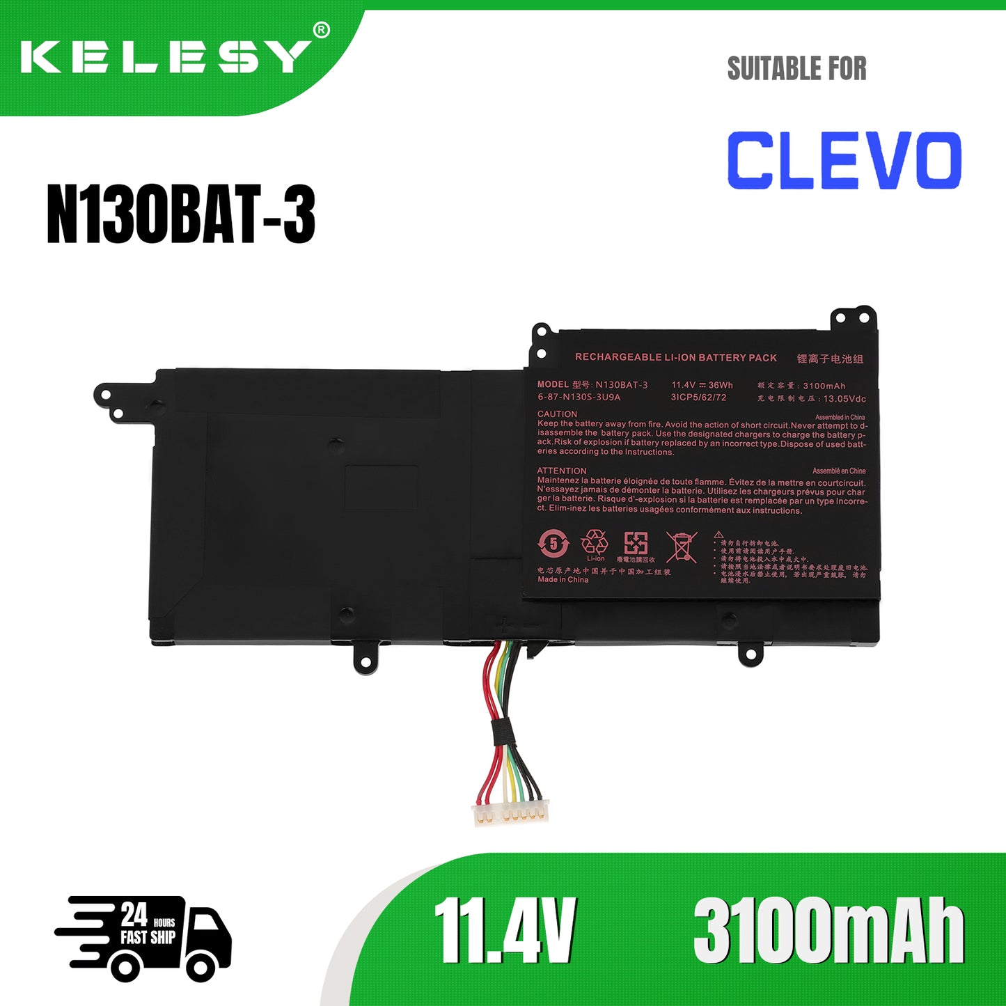 KELESY 11.4V 36WH N130BAT-3 Battery for CLEVO N130BAT-3 6-87-N130S-3U9A N130BU 130WU N131BU N131WU NP3130 Pro 13 14 N130BU