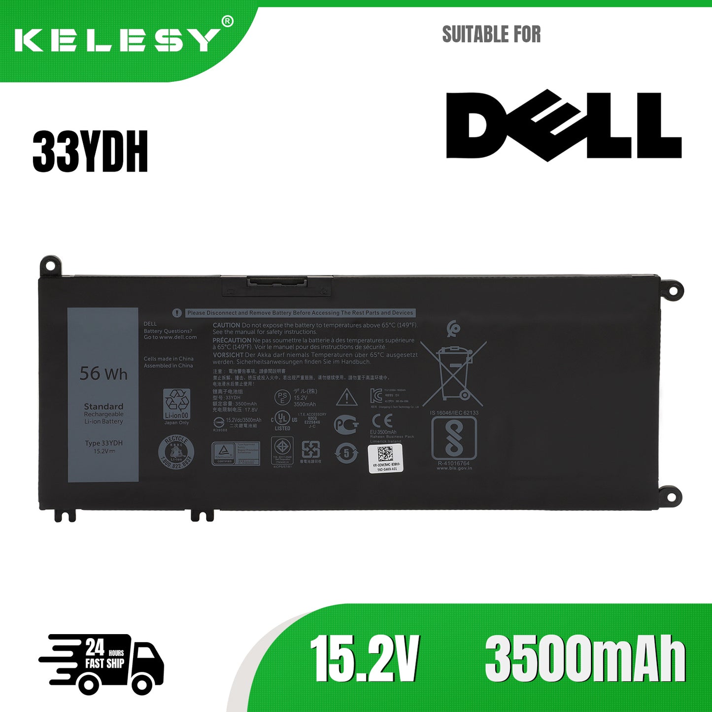 KELESY 33YDH Laptop Battery For DELL Inspiron 17 7778 7779 7773 15 7577 G3 15 3579 5587 17 3779 7588 P30E Series