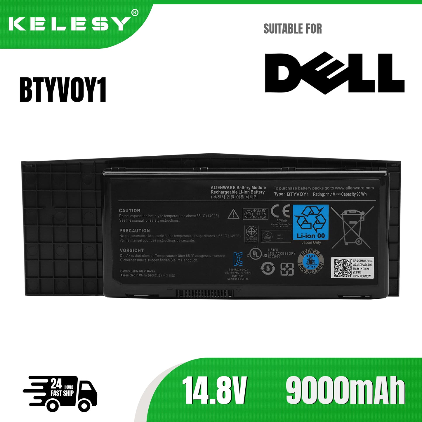 KELESY New Genuine Original BTYV0Y1 11.1V 90Wh Laptop Battery for Dell Alienware M17x R3 R4 7XC9N BTYVOY1 318-0397 451-11817