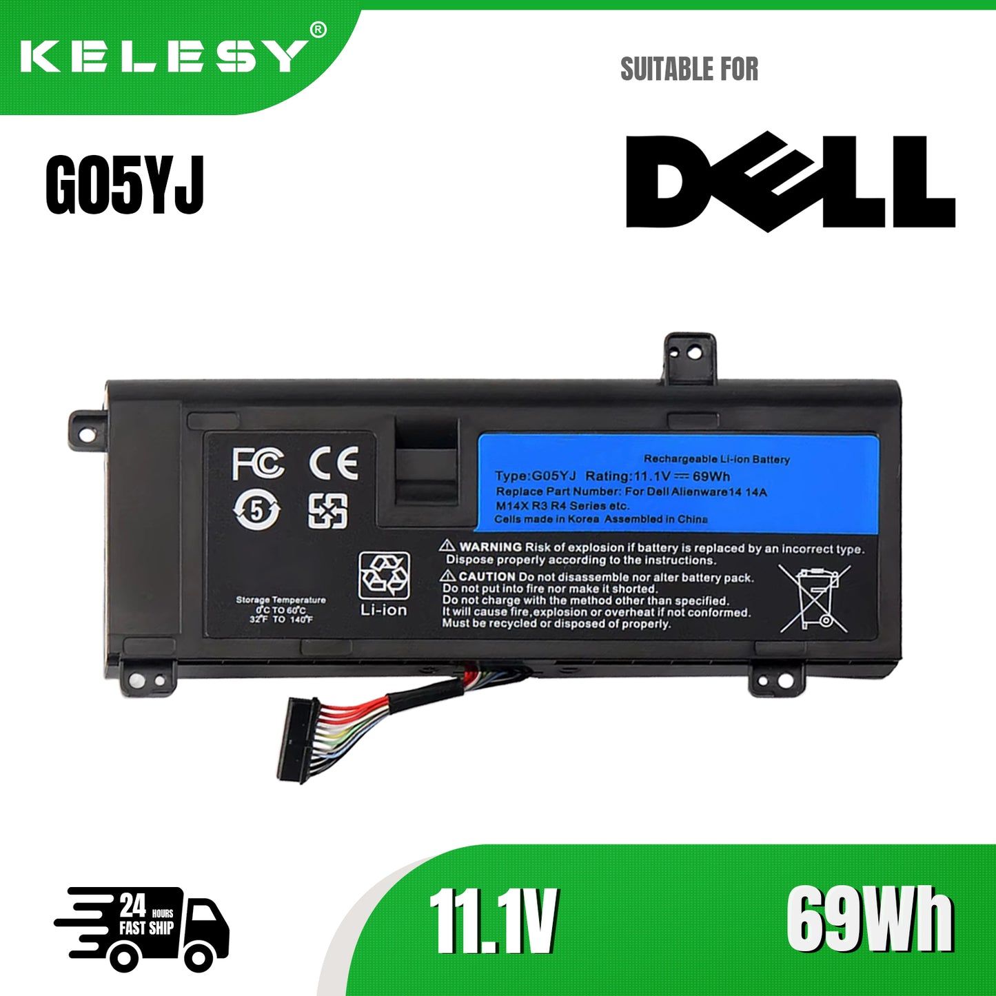 KELLESY G05YJ Laptop Battery For DELL Alienware 14 A14 M14X R3 R4 Series P39G Alienware 14D-1528 GO5YJ Y3PN0 8X70T 69WH