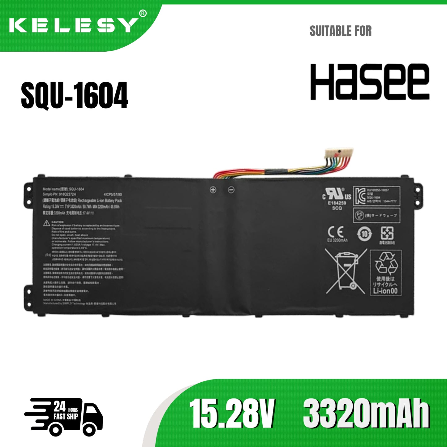 KELESY SQU-1604 Laptop Battery For Hasee 15.28V 48.8wh 3200mAh 916Q2272H L9 L9-581HN3 L9-781S LG 15U47 LG 15U470 916Q2272H