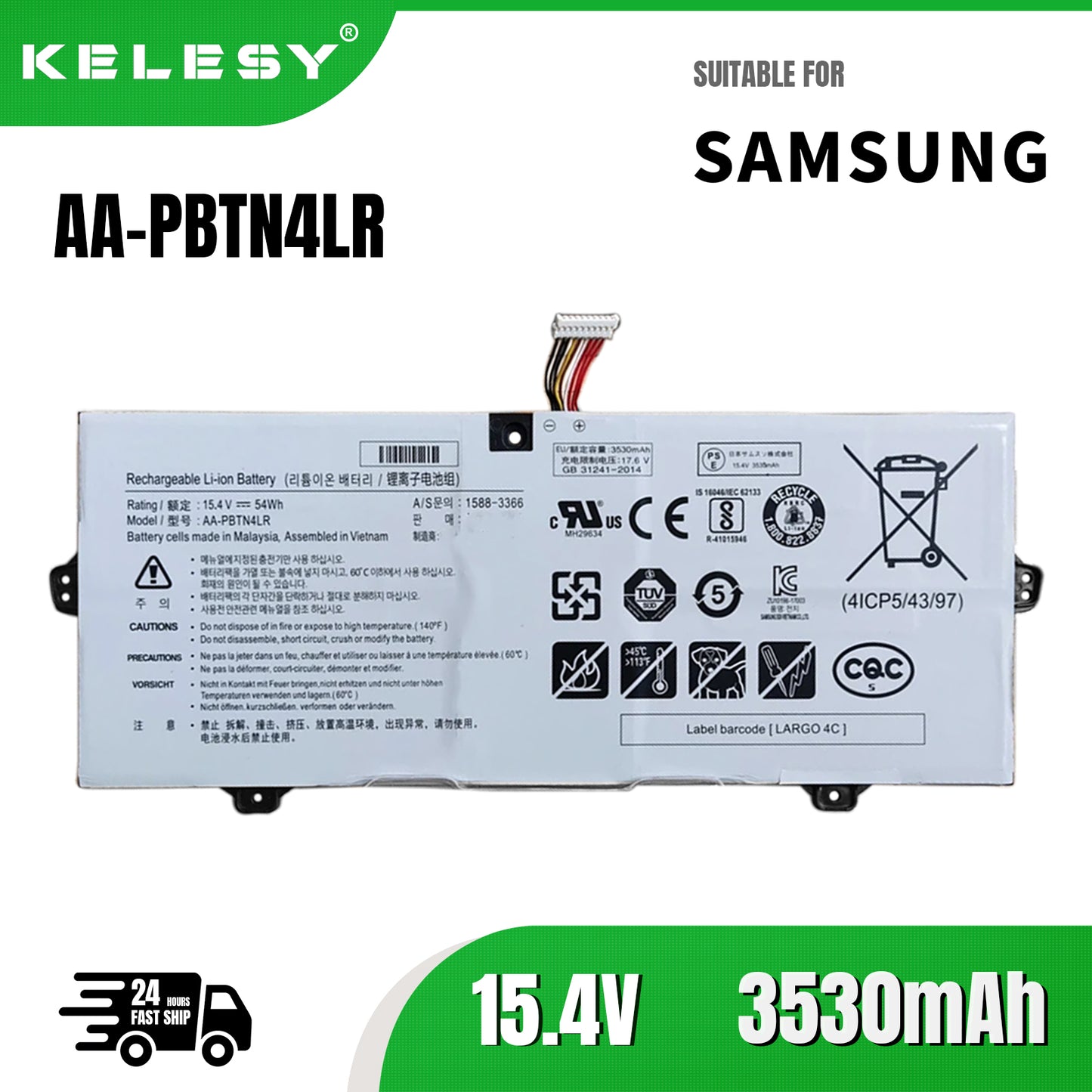 KELESY Batería de AA-PBTN4LR para ordenador portátil, accesorio para Samsung BA43-00 NOTEBook 9 PRO 15 NP940X5N NT950QAA 54WH