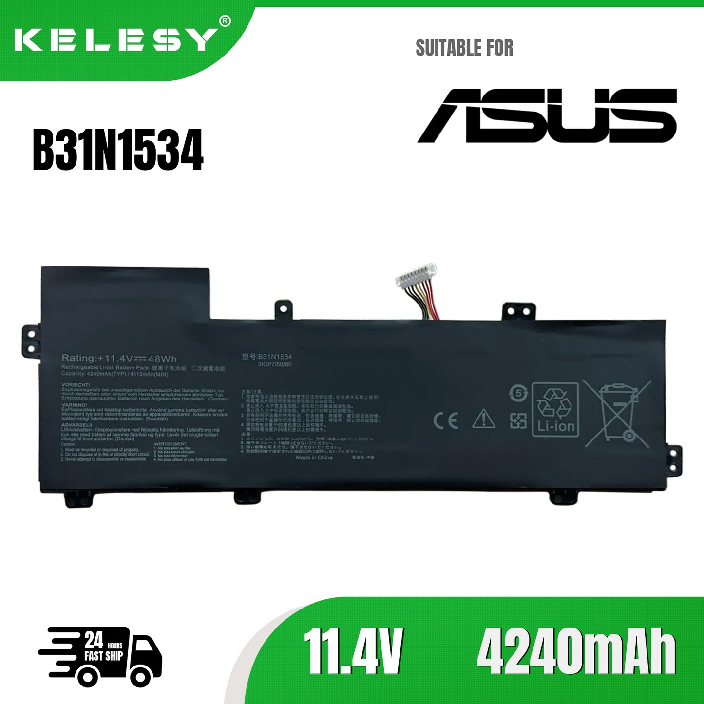 KELESY B31N1534 Laptop Battery For ASUS Zenbook UX510 UX510UW UX510UX Series 3ICP7/60/80 0B200-02030000 11.4V 48WH